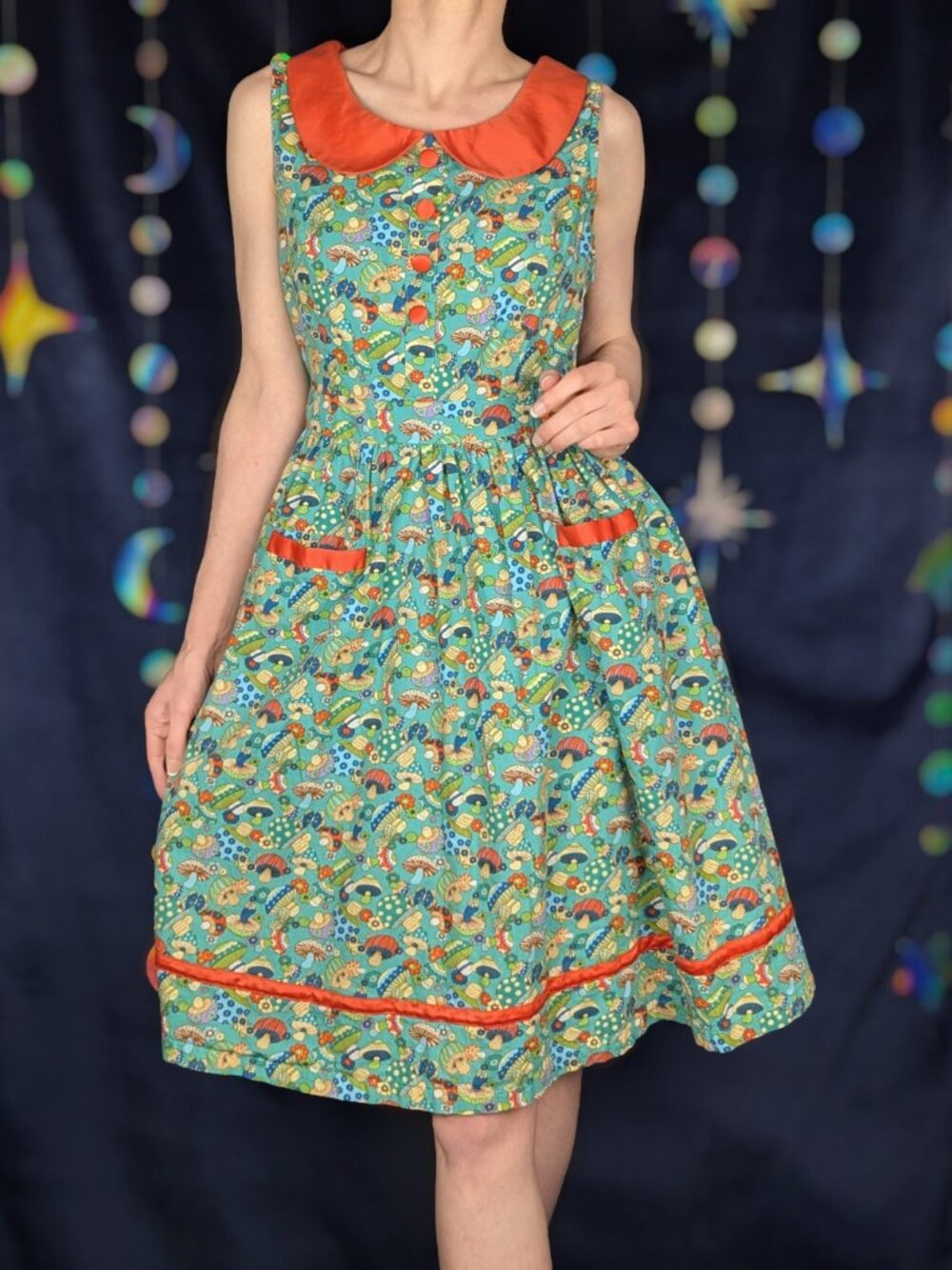 Lindy Bop Whimsical Mushroom Sleeveless Dress | Teal & Contrasting Orange Detail